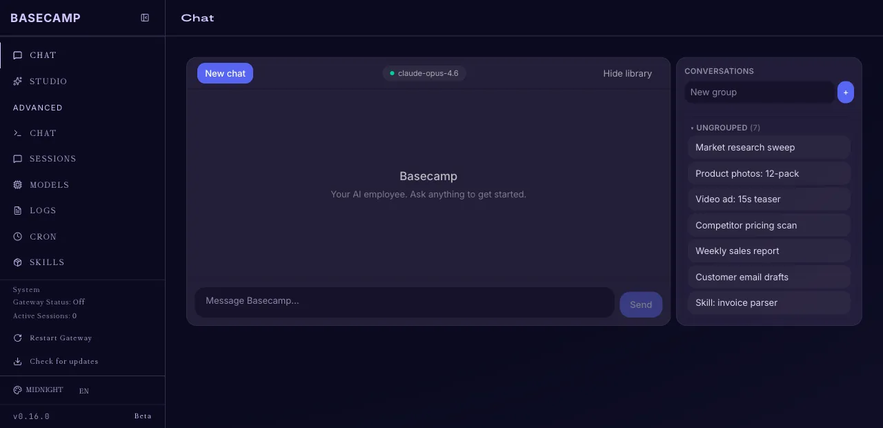 Basecamp dashboard: chat with model picker, a library of agent tasks, and the Advanced menu open showing Sessions, Models, Logs, Cron, and Skills